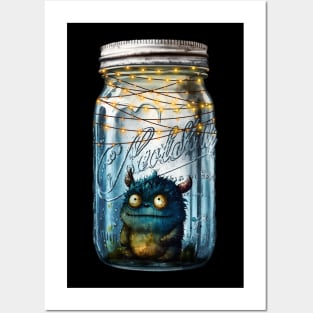 Jar of Sitting Monster at Night with Lights Posters and Art